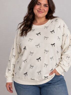 Lane Bryant 18/20 Bow Rhinestone Sweatshirt Cream Black Coquette Plus Size
